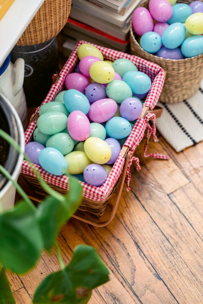 Easter basket full of plastic eggs